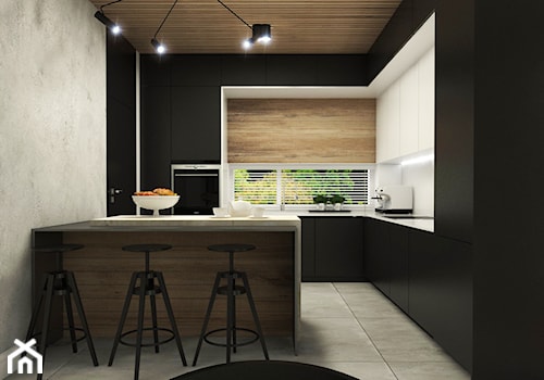 Dom Połczyno - Średnia otwarta z kamiennym blatem czarna szara z zabudowaną lodówką kuchnia w kształcie litery g z oknem, styl nowoczesny - zdjęcie od Studio 23A