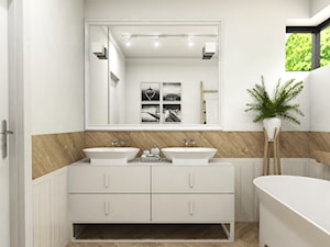 Klasyczny- dom Suchy Dwór - Mała na poddaszu z lustrem z dwoma umywalkami łazienka z oknem, styl tradycyjny - zdjęcie od Studio 23A