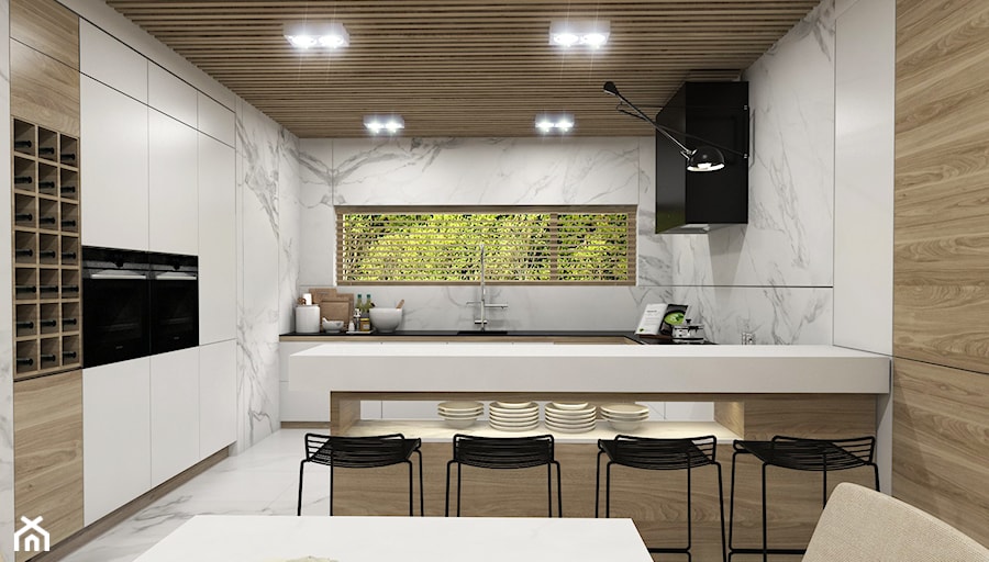 Dom Tczew - Średnia otwarta biała z zabudowaną lodówką z podblatowym zlewozmywakiem kuchnia w kształcie litery u z oknem z marmurem nad blatem kuchennym z marmurową podłogą, styl nowoczesny - zdjęcie od Studio 23A