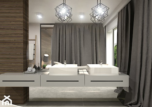 Apartament Iława - Średnia z lustrem z dwoma umywalkami z punktowym oświetleniem łazienka z oknem, styl nowoczesny - zdjęcie od Studio 23A