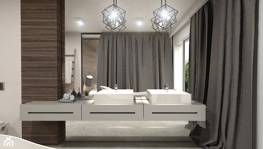 Apartament Iława - Średnia z lustrem z dwoma umywalkami z punktowym oświetleniem łazienka z oknem, styl nowoczesny - zdjęcie od Studio 23A