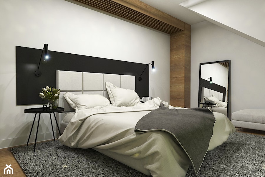 Dom Suchy Dwór - Średnia biała czarna sypialnia na poddaszu, styl nowoczesny - zdjęcie od Studio 23A
