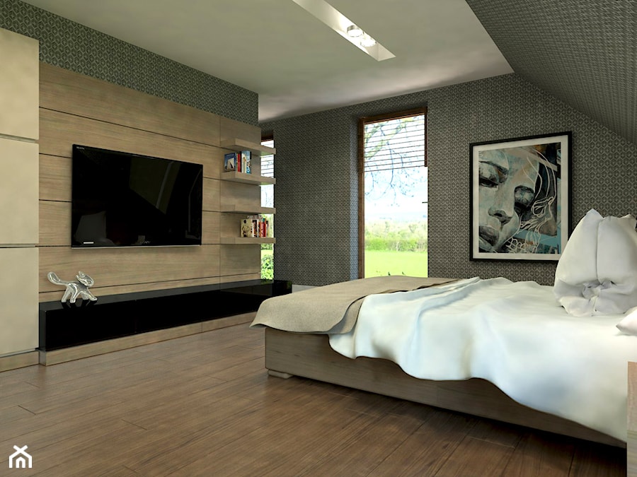 Dom Wygodny 1 - Średnia beżowa sypialnia na poddaszu z balkonem / tarasem, styl nowoczesny - zdjęcie od Studio 23A