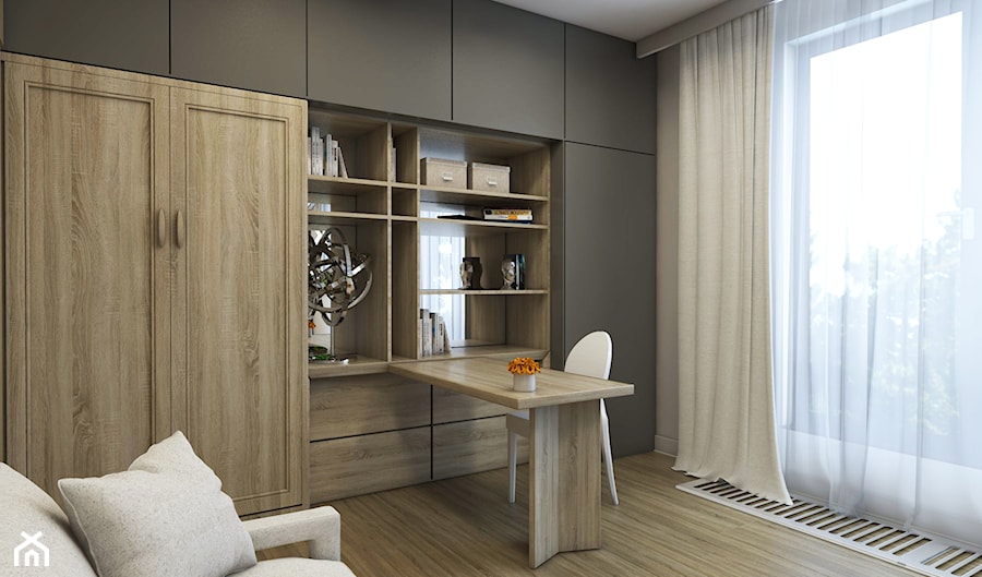 Apartament Nowe Orłowo - Średnie w osobnym pomieszczeniu z sofą z zabudowanym biurkiem biuro, styl nowoczesny - zdjęcie od Studio 23A