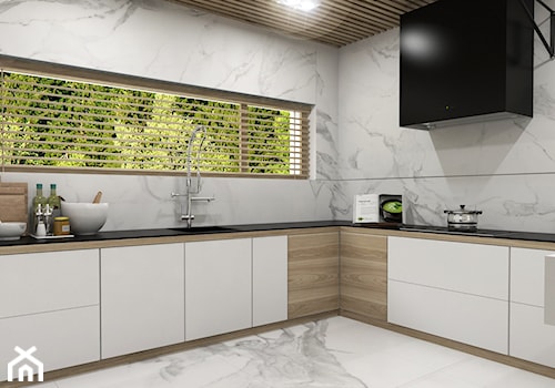 Dom Tczew - Średnia zamknięta z zabudowaną lodówką z podblatowym zlewozmywakiem kuchnia w kształcie litery l z oknem z marmurem nad blatem kuchennym z marmurową podłogą, styl nowoczesny - zdjęcie od Studio 23A
