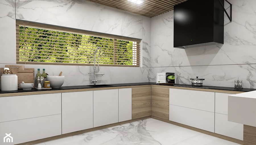 Dom Tczew - Średnia zamknięta z zabudowaną lodówką z podblatowym zlewozmywakiem kuchnia w kształcie litery l z oknem z marmurem nad blatem kuchennym z marmurową podłogą, styl nowoczesny - zdjęcie od Studio 23A