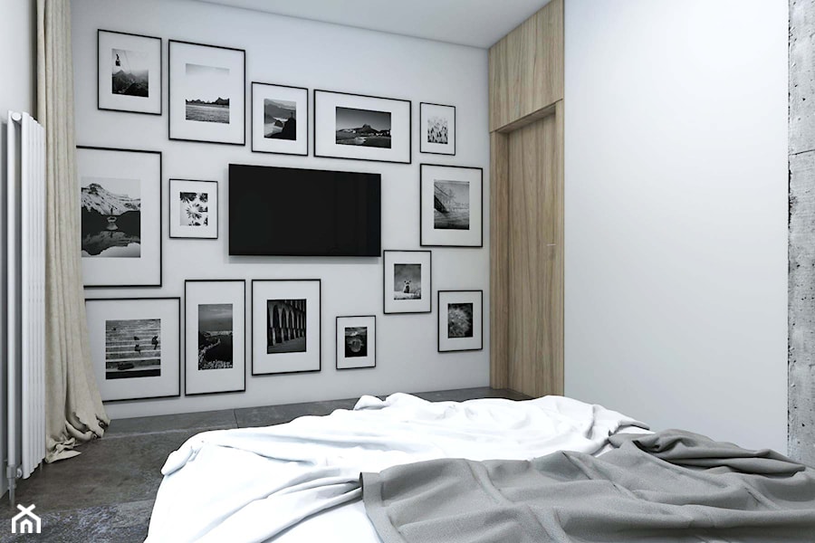 Apartament Gdynia Altoria - Mała biała szara sypialnia, styl industrialny - zdjęcie od Studio 23A