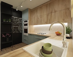 Mieszkanie dla 2+1 - Średnia otwarta biała czarna z zabudowaną lodówką z nablatowym zlewozmywakiem ... - zdjęcie od ARThoME Klaudia Chmielowska - Homebook