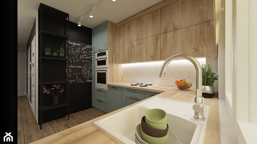 Mieszkanie dla 2+1 - Średnia otwarta biała czarna z zabudowaną lodówką z nablatowym zlewozmywakiem kuchnia w kształcie litery u z oknem, styl nowoczesny - zdjęcie od ARThoME Klaudia Chmielowska