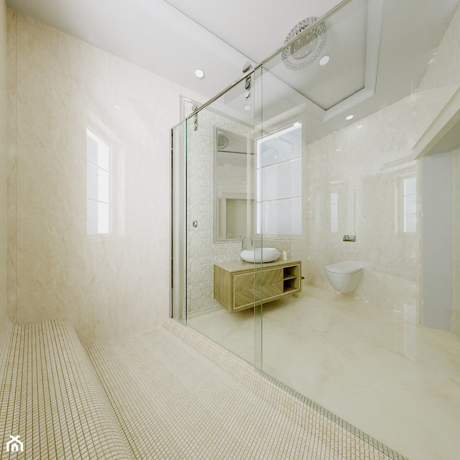 Dom Cyprianka - Średnia z lustrem z marmurową podłogą z punktowym oświetleniem łazienka z oknem - zdjęcie od Pixels