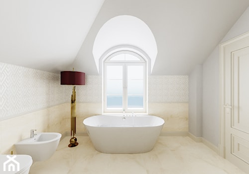 Dom Cyprianka - Duża na poddaszu z marmurową podłogą łazienka z oknem - zdjęcie od Pixels