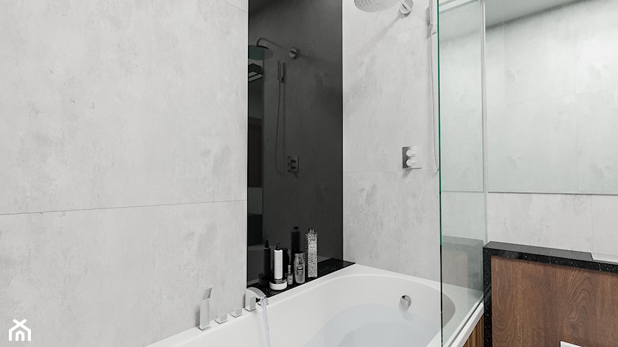Mieszkanie Chrobry - Bez okna ze szkłem na ścianie łazienka, styl nowoczesny - zdjęcie od Pixels