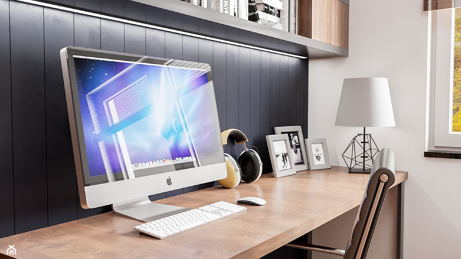 Mieszkanie Chrobry - Średnie w osobnym pomieszczeniu z zabudowanym biurkiem białe czarne biuro, styl nowoczesny - zdjęcie od Pixels - Homebook