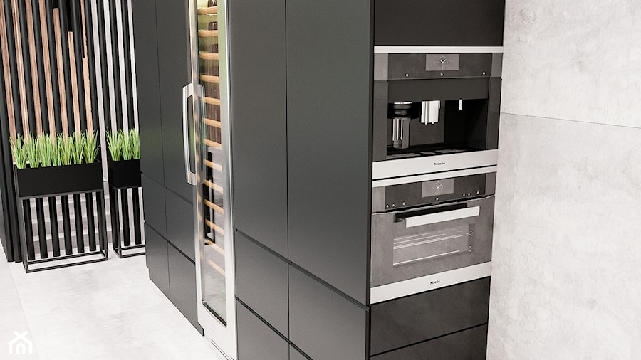 Dom SPA - Mała otwarta szara z zabudowaną lodówką kuchnia jednorzędowa - zdjęcie od Pixels