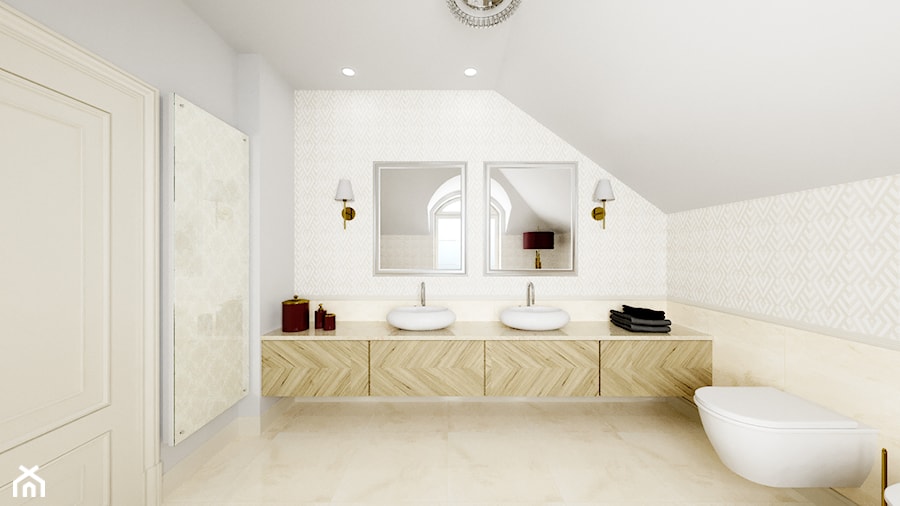 Dom Cyprianka - Duża na poddaszu jako pokój kąpielowy z lustrem z dwoma umywalkami z marmurową podłogą z punktowym oświetleniem łazienka z oknem - zdjęcie od Pixels