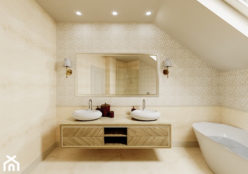 Dom Cyprianka - Duża na poddaszu jako pokój kąpielowy z dwoma umywalkami z punktowym oświetleniem łazienka z oknem - zdjęcie od Pixels