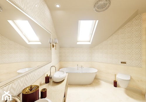 Dom Cyprianka - Średnia na poddaszu z lustrem z dwoma umywalkami z punktowym oświetleniem łazienka z oknem - zdjęcie od Pixels