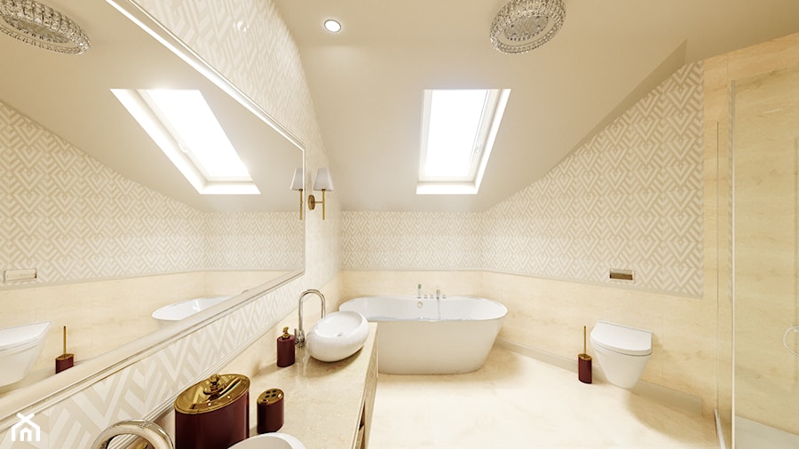 Dom Cyprianka - Średnia na poddaszu z lustrem z dwoma umywalkami z punktowym oświetleniem łazienka z oknem - zdjęcie od Pixels