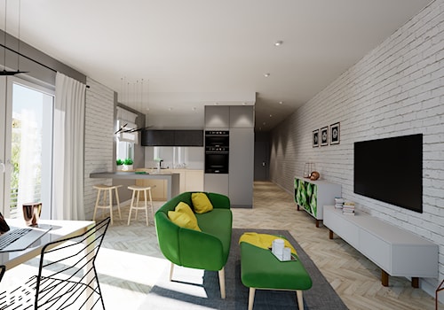 Mieszkanie Łódź 2 - Duży biały salon z kuchnią z jadalnią z tarasem / balkonem, styl nowoczesny - zdjęcie od Pixels