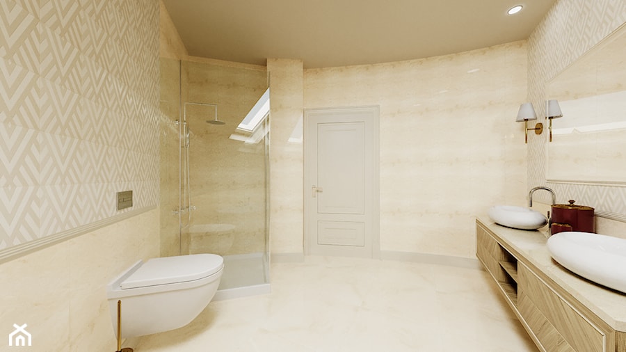 Dom Cyprianka - Średnia bez okna z lustrem z dwoma umywalkami z punktowym oświetleniem łazienka - zdjęcie od Pixels