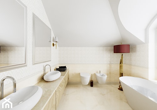Dom Cyprianka - Duża na poddaszu z lustrem z dwoma umywalkami z marmurową podłogą łazienka z oknem - zdjęcie od Pixels