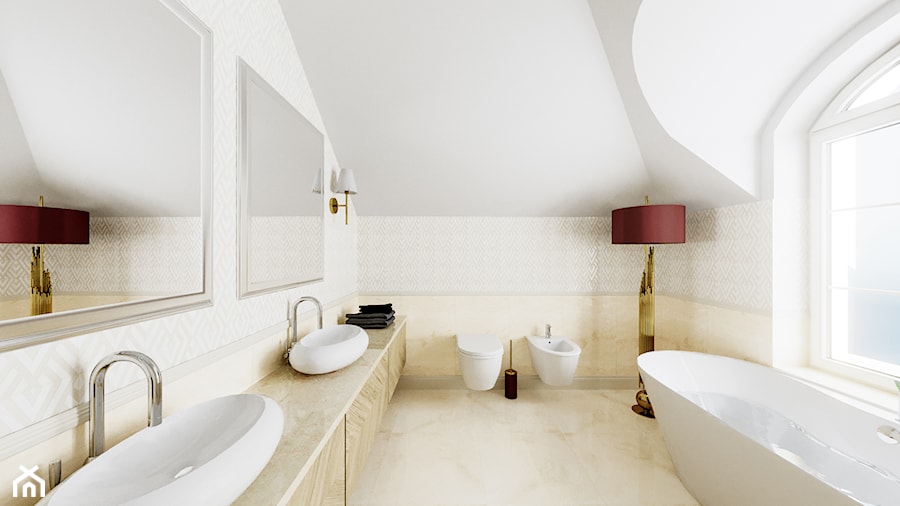 Dom Cyprianka - Duża na poddaszu z lustrem z dwoma umywalkami z marmurową podłogą łazienka z oknem - zdjęcie od Pixels