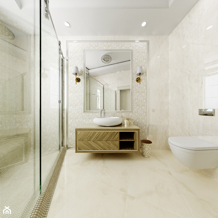 Dom Cyprianka - Średnia z lustrem z marmurową podłogą z punktowym oświetleniem łazienka z oknem - zdjęcie od Pixels