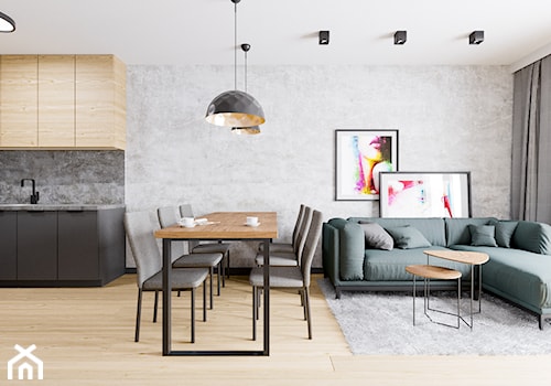 Mieszkanie Warszawa - Duży szary salon z kuchnią z jadalnią, styl nowoczesny - zdjęcie od Pixels