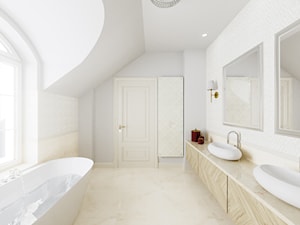 Dom Cyprianka - Duża na poddaszu z lustrem z dwoma umywalkami z marmurową podłogą z punktowym oświetleniem łazienka z oknem - zdjęcie od Pixels
