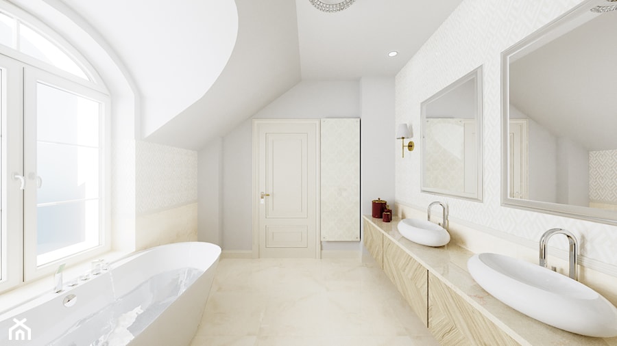 Dom Cyprianka - Duża na poddaszu z lustrem z dwoma umywalkami z marmurową podłogą z punktowym oświetleniem łazienka z oknem - zdjęcie od Pixels