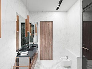Dom SPA - Mała z lustrem z marmurową podłogą z punktowym oświetleniem łazienka z oknem - zdjęcie od Pixels