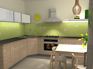 Średnia otwarta biała zielona z zabudowaną lodówką kuchnia w kształcie litery l - zdjęcie od CzerwonyAtrament