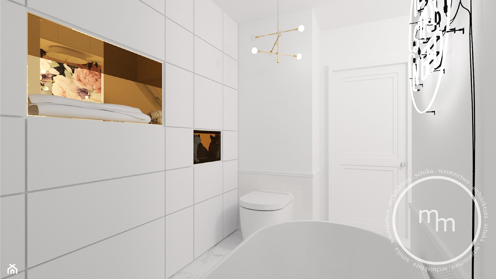 Projekt drugiej łazienki, Tarnów, 2018 - Mała na poddaszu bez okna z marmurową podłogą łazienka, styl nowoczesny - zdjęcie od M&M pracownia projektowania wnętrz - Homebook
