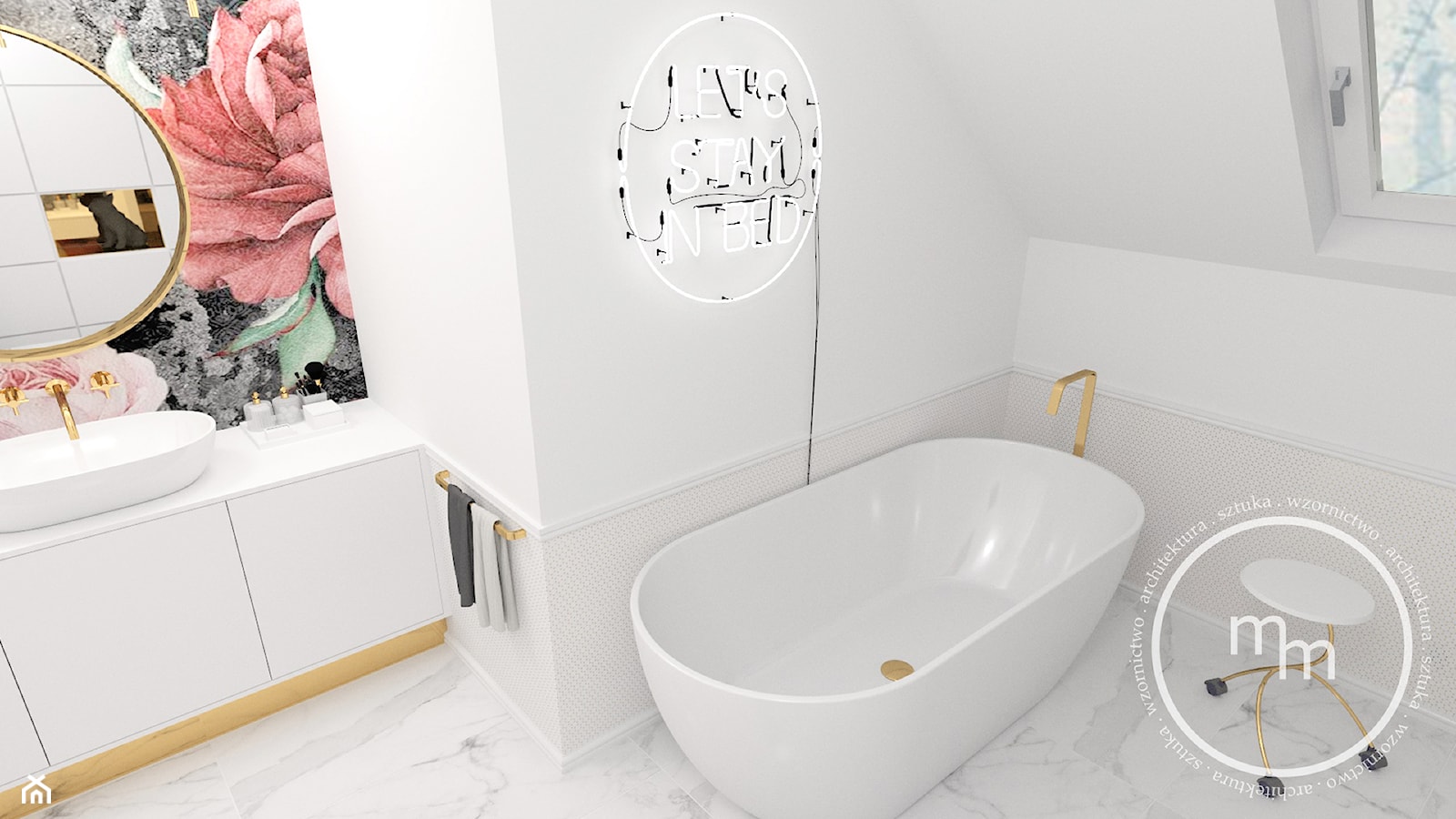 Projekt drugiej łazienki, Tarnów, 2018 - Mała na poddaszu z lustrem z marmurową podłogą łazienka z oknem, styl nowoczesny - zdjęcie od M&M pracownia projektowania wnętrz - Homebook