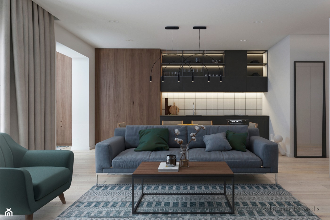 FREE APARTMENT - Duża szara jadalnia w salonie w kuchni, styl nowoczesny - zdjęcie od Tobi Architects - Homebook