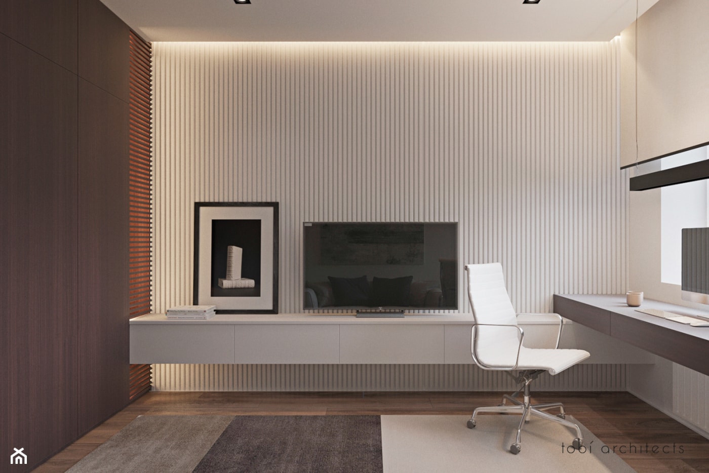 INTELLIGENCE - Małe z zabudowanym biurkiem białe szare biuro, styl nowoczesny - zdjęcie od Tobi Architects - Homebook