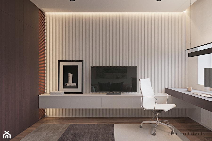 INTELLIGENCE - Małe z zabudowanym biurkiem białe szare biuro, styl nowoczesny - zdjęcie od Tobi Architects