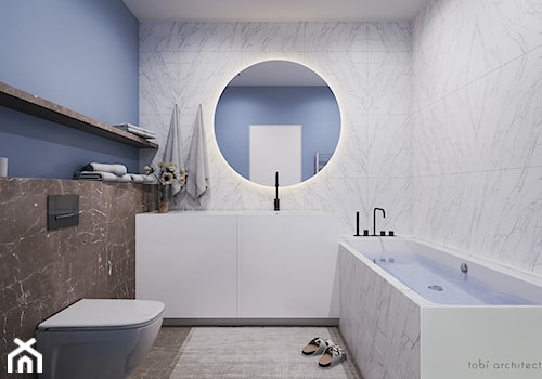 Light & Blue - Mała bez okna z marmurową podłogą łazienka, styl minimalistyczny - zdjęcie od Tobi Architects