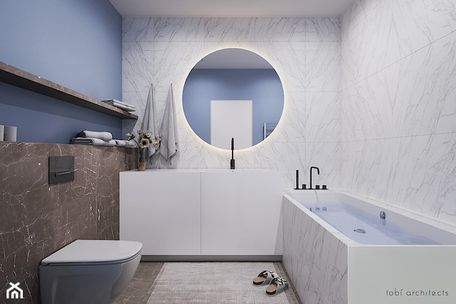 Light & Blue - Mała bez okna z marmurową podłogą łazienka, styl minimalistyczny - zdjęcie od Tobi Architects