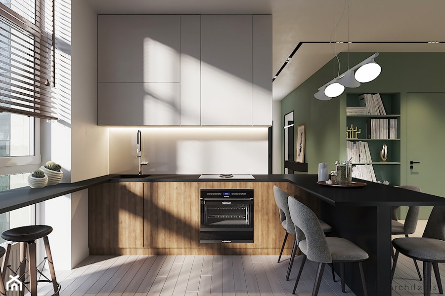 FOR YOU & ME - Średnia otwarta biała zielona z zabudowaną lodówką z podblatowym zlewozmywakiem kuchnia w kształcie litery u z oknem, styl nowoczesny - zdjęcie od Tobi Architects