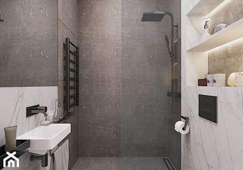Light & Blue - Mała na poddaszu bez okna z marmurową podłogą łazienka, styl minimalistyczny - zdjęcie od Tobi Architects