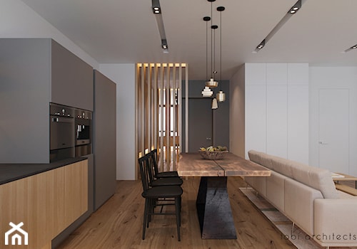 LOOKING AT DNIPRO - Średnia otwarta z salonem z kamiennym blatem szara z zabudowaną lodówką kuchnia jednorzędowa, styl nowoczesny - zdjęcie od Tobi Architects
