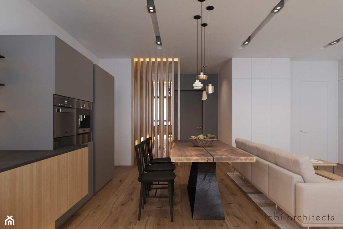 LOOKING AT DNIPRO - Średnia otwarta z salonem z kamiennym blatem szara z zabudowaną lodówką kuchnia jednorzędowa, styl nowoczesny - zdjęcie od Tobi Architects - Homebook