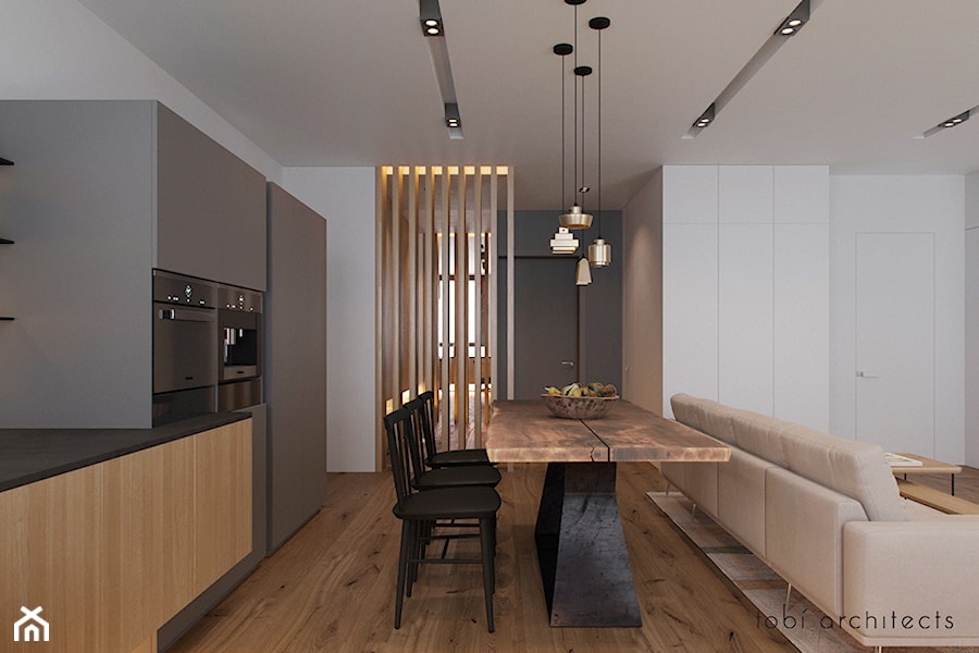 LOOKING AT DNIPRO - Średnia otwarta z salonem z kamiennym blatem szara z zabudowaną lodówką kuchnia jednorzędowa, styl nowoczesny - zdjęcie od Tobi Architects