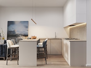 Light & Blue - Średnia otwarta z salonem z kamiennym blatem biała z zabudowaną lodówką z podblatowym zlewozmywakiem kuchnia w kształcie litery u z marmurem nad blatem kuchennym - zdjęcie od Tobi Architects