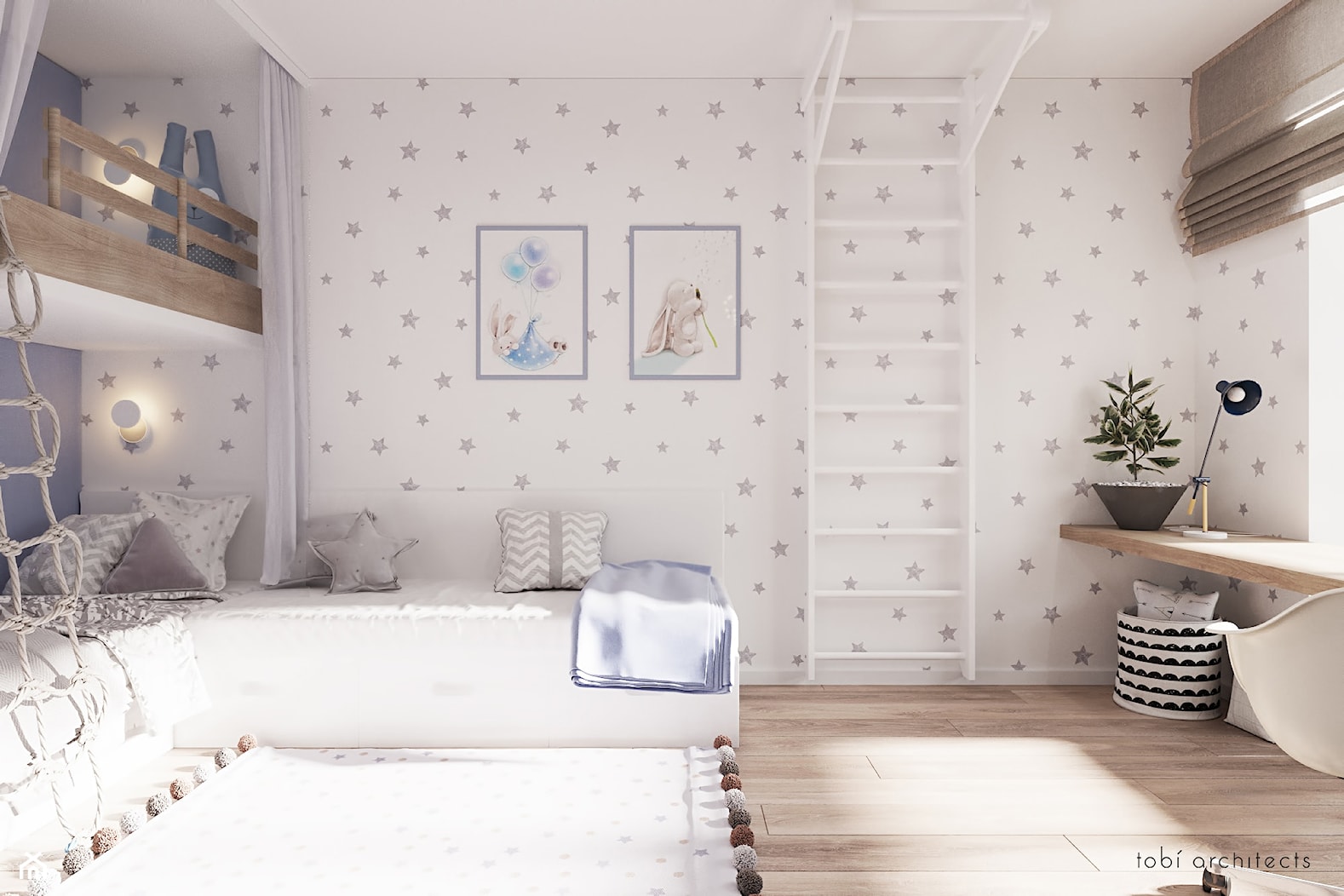 Light & Blue - Średni biały niebieski pokój dziecka dla nastolatka dla chłopca dla dziewczynki, styl minimalistyczny - zdjęcie od Tobi Architects - Homebook