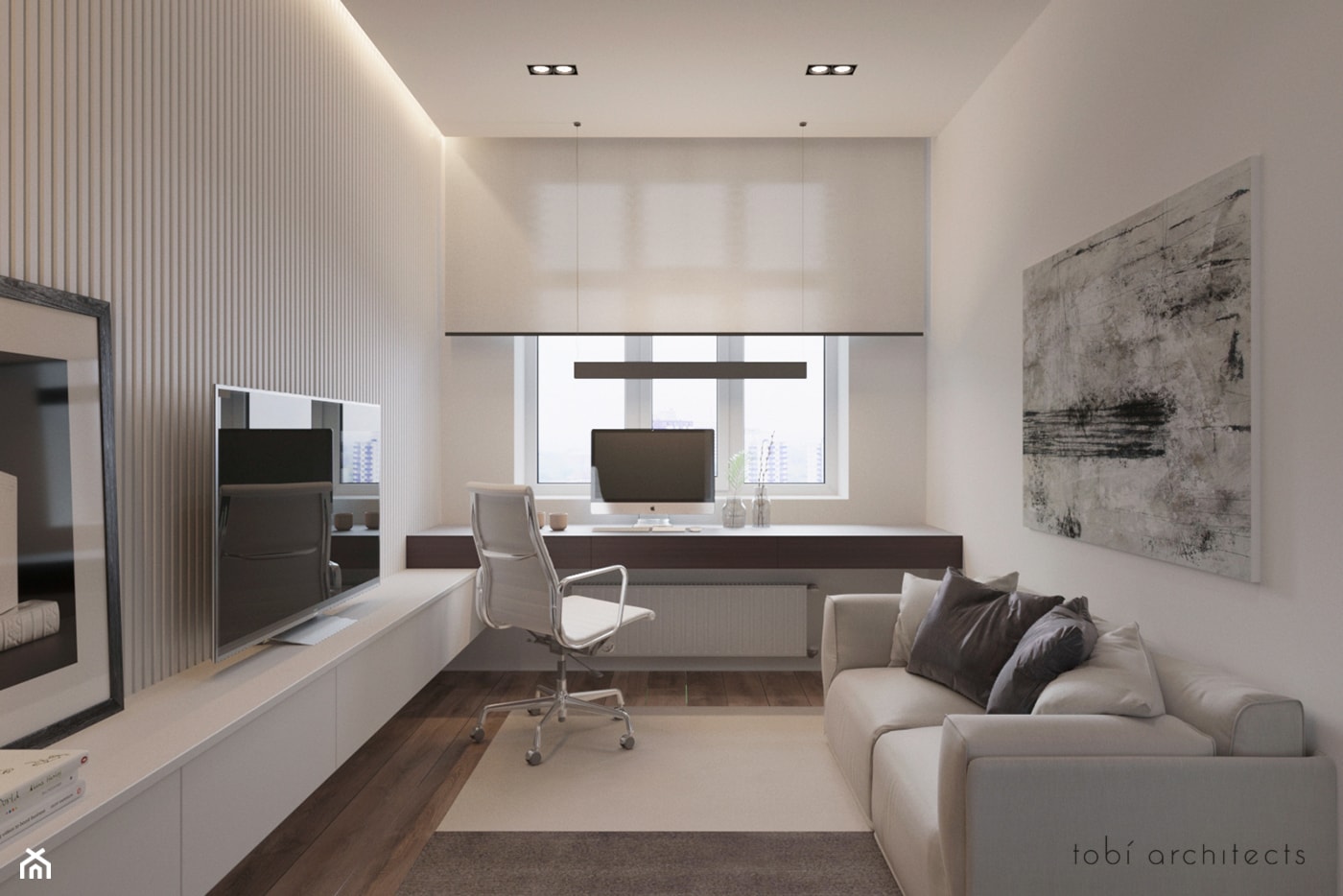 INTELLIGENCE - Średnie w osobnym pomieszczeniu z sofą z zabudowanym biurkiem białe biuro, styl nowoczesny - zdjęcie od Tobi Architects - Homebook
