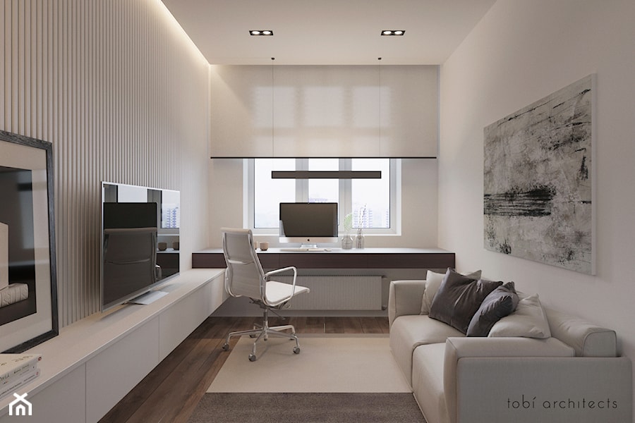 INTELLIGENCE - Średnie w osobnym pomieszczeniu z sofą z zabudowanym biurkiem białe biuro, styl nowoczesny - zdjęcie od Tobi Architects