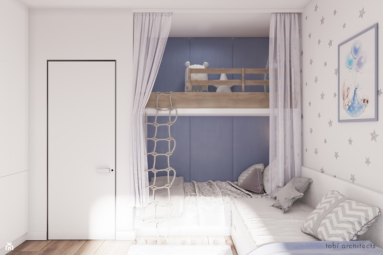 Light & Blue - Mały biały szary pokój dziecka dla dziecka dla nastolatka dla chłopca dla dziewczynki dla rodzeństwa, styl minimalistyczny - zdjęcie od Tobi Architects - Homebook