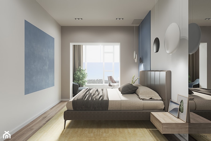 Light & Blue - Duża beżowa biała niebieska sypialnia, styl minimalistyczny - zdjęcie od Tobi Architects